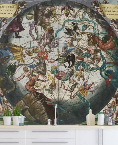 mural de astronomia personalizado chamado Hemisfério Estelar do Sul com esferas celestes e terrestres