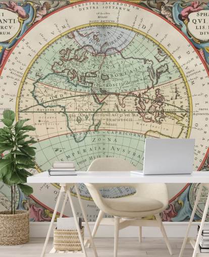 aangepaste muurschildering op oude kaarten genaamd The Hemisphere of the Old World voor thuiskantoren, scholen en meer