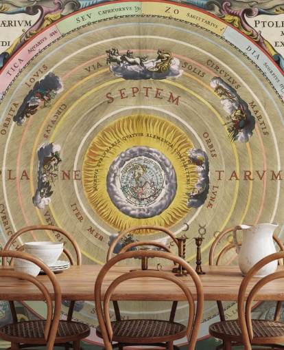 murale astronomico personalizzabile chiamato The Mechanism of the Orbits per case, uffici e spazi creativi
