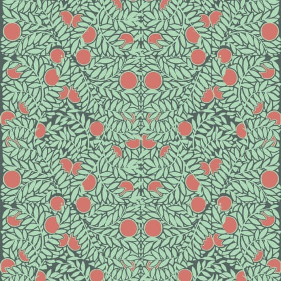 Orangenstrauch Blumentapete in Mint und Koralle