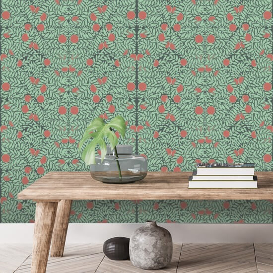 Arbusto naranja Papel pintado floral de menta y coral