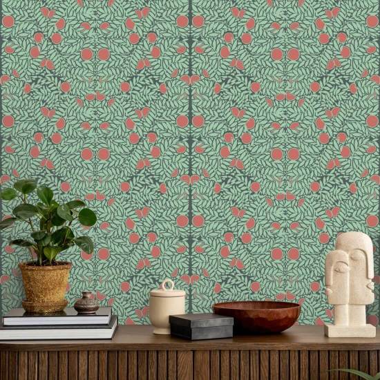 Orange Bush Mint &amp;amp; Coral Floral Wallpaper