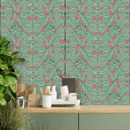 Sinaasappelstruik Mint & Coral bloemenbehang