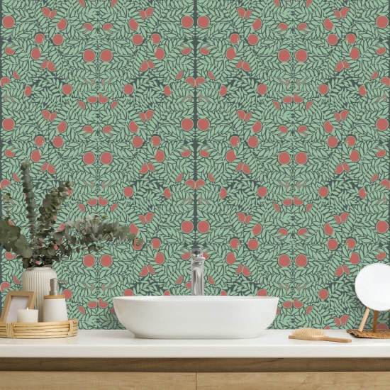 Arbusto naranja Papel pintado floral de menta y coral
