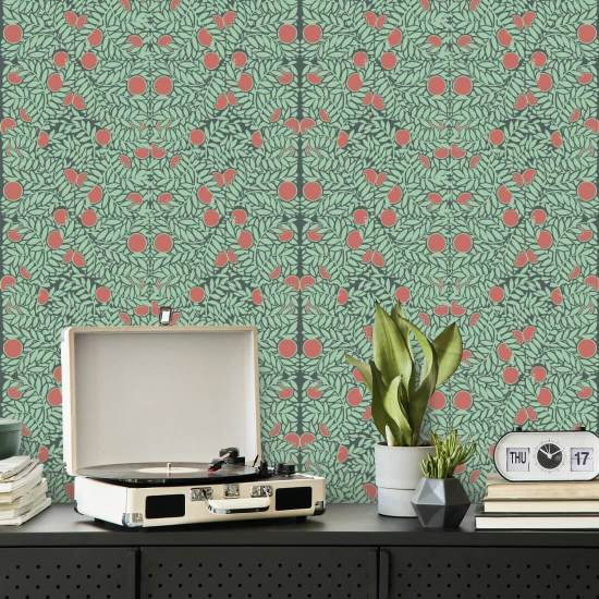 Orange Bush Mint &amp;amp; Coral Floral Wallpaper