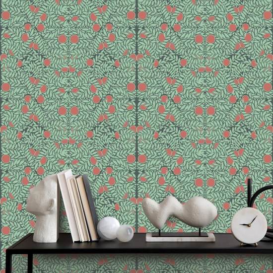 Orange Bush Mint &amp; Coral Floral Wallpaper