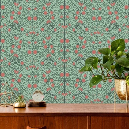 Orangeraie Papier peint floral à la menthe et au corail