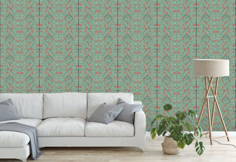 Arbusto naranja Papel pintado floral de menta y coral