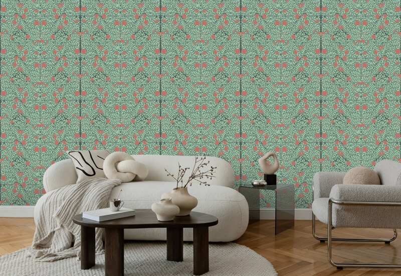 Orange Bush Mint & Coral Floral Wallpaper