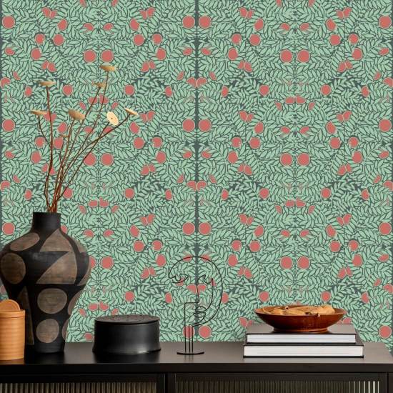 Arbusto naranja Papel pintado floral de menta y coral