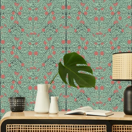 Orange Bush Mint & Coral Floral Wallpaper