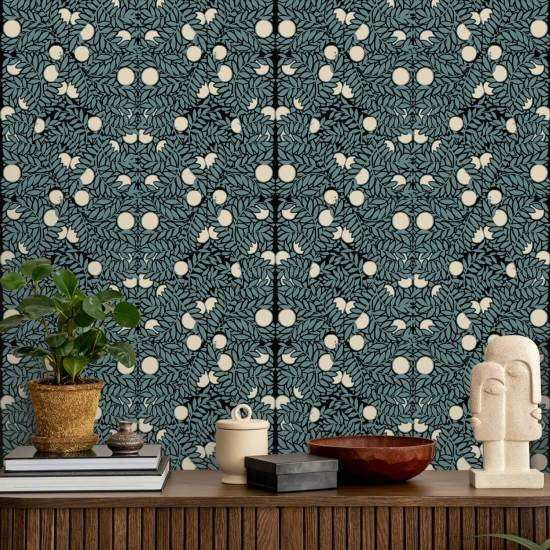 Orange Bush Blue & Cream Floral Wallpaper