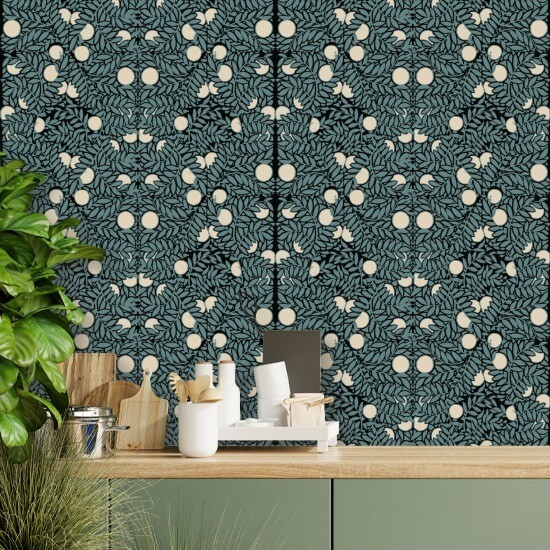 Arbusto naranja Papel pintado floral azul y crema