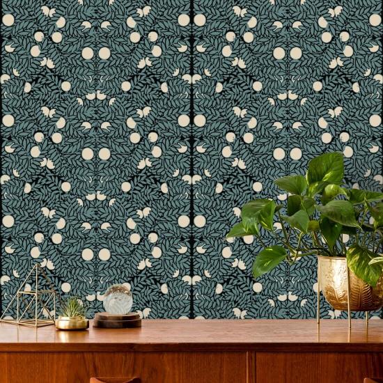 Sinaasappelstruik Blauw en crèmekleurig bloemenbehang