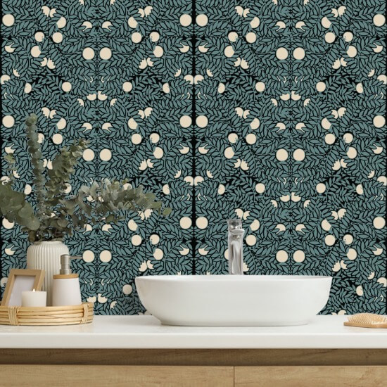 Arbusto laranja Papel de parede floral azul e creme