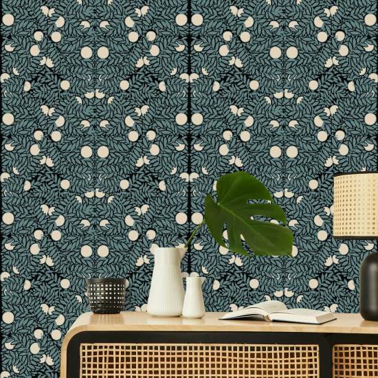 Orangenstrauch Blumentapete in Blau und Creme