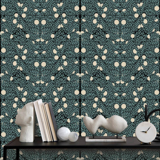 Arbusto laranja Papel de parede floral azul e creme