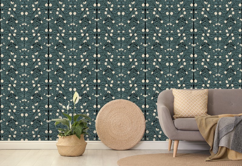 Arbusto naranja Papel pintado floral azul y crema