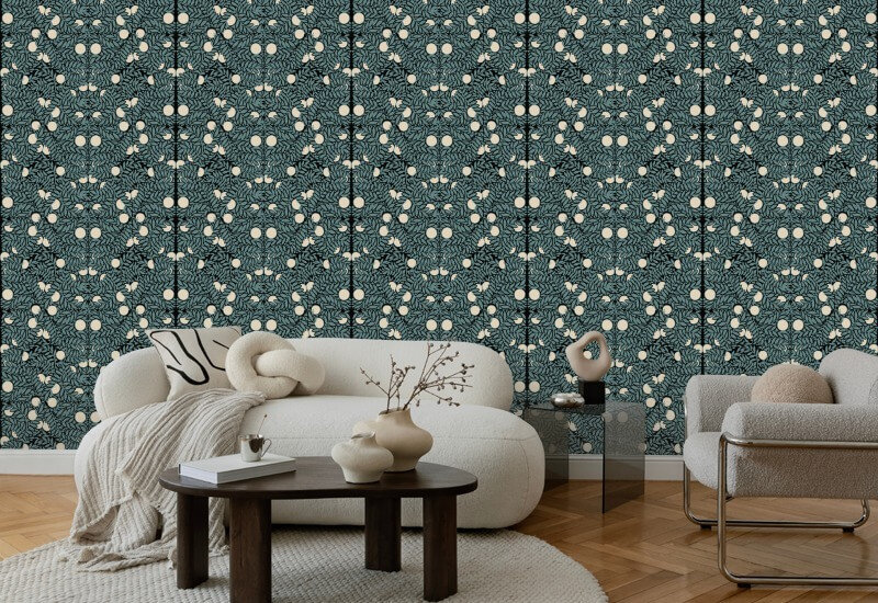 Arbusto laranja Papel de parede floral azul e creme