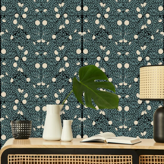 Orange Bush Blue & Cream Floral Wallpaper