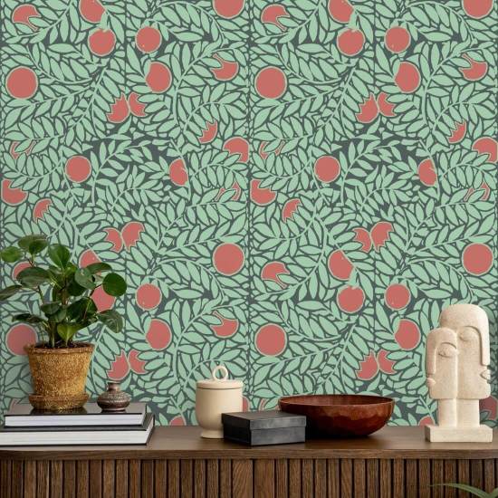 Orangeraie Papier peint floral Mint Coral