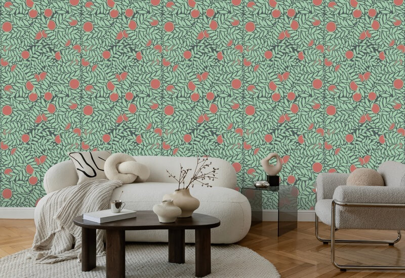 Orange Grove Mint Coral Floral Wallpaper
