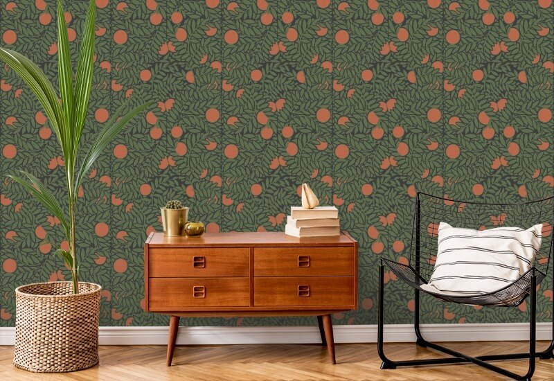 Orange Grove Forest Green Floral Wallpaper