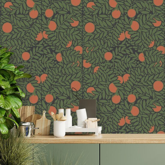 Orange Grove Forest Green Floral Wallpaper