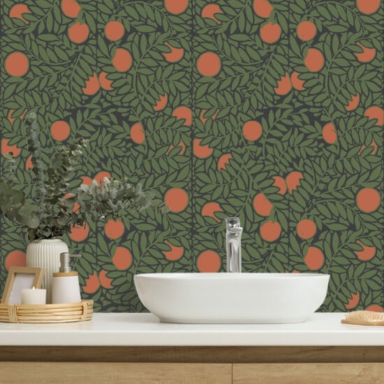 Orangenhain Waldgrüne Blumentapete