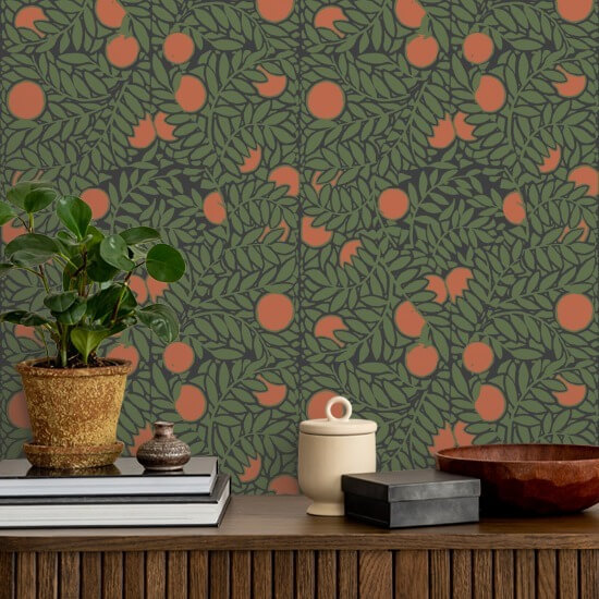 Appelsinlund Skovgrøn blomstertapet