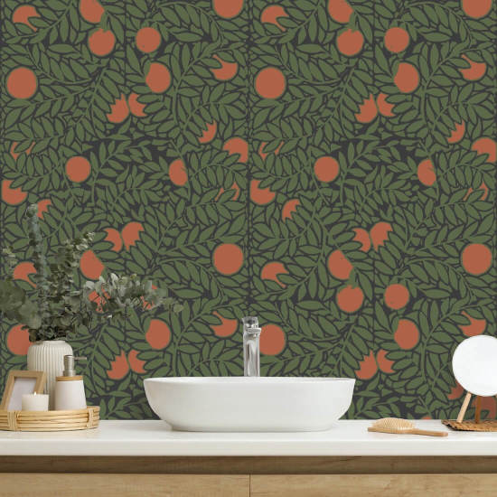Orange Grove Forest Green Floral Wallpaper