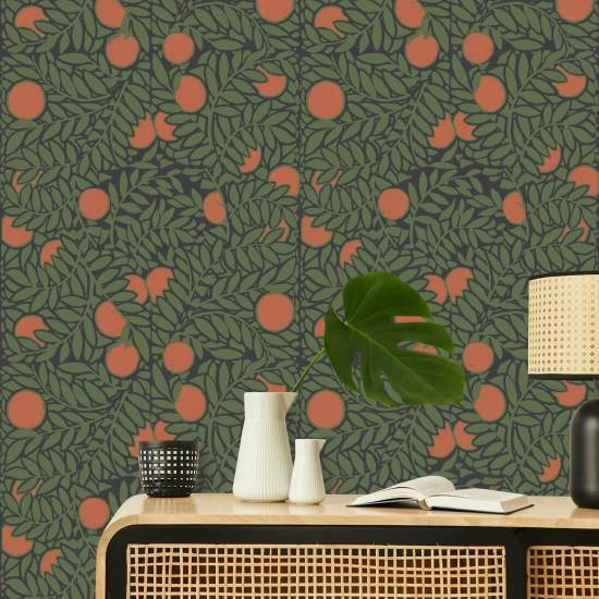 Appelsinlund Skovgrøn blomstertapet