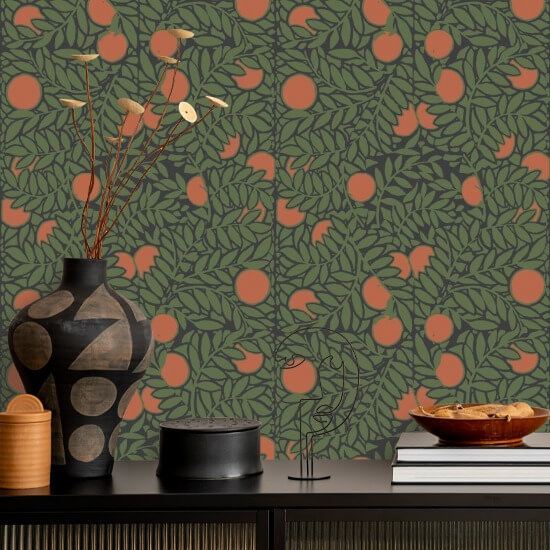 Orange Grove Forest Green Floral Wallpaper