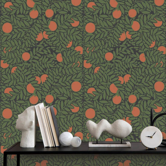 Orange Grove Forest Green Floral Wallpaper