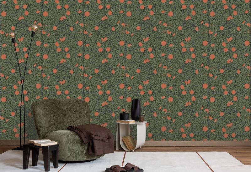 Orangenhain Waldgrüne Blumentapete