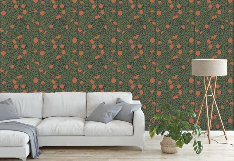 Appelsinlund Skovgrøn blomstertapet