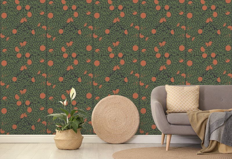 Orange Grove Forest Green Floral Wallpaper