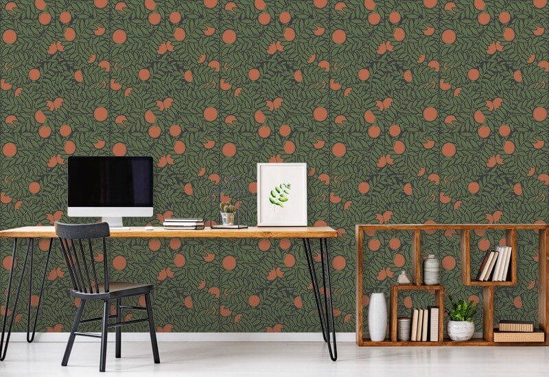 Orange Grove Forest Green Floral Wallpaper