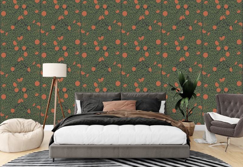 Apelsindungen Skogsgrön blommig tapet