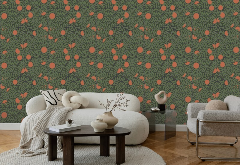Orangenhain Waldgrüne Blumentapete