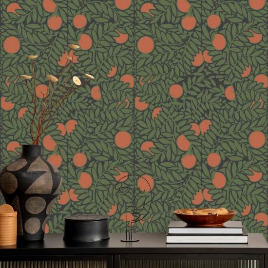 Orange Grove Forest Green Floral Wallpaper