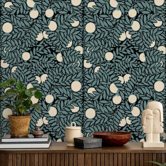 Sinaasappelboomgaard Blauw crèmekleurig bloemenbehang