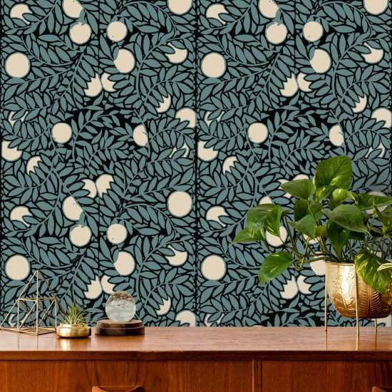 Orange Grove Blue Cream Floral Wallpaper