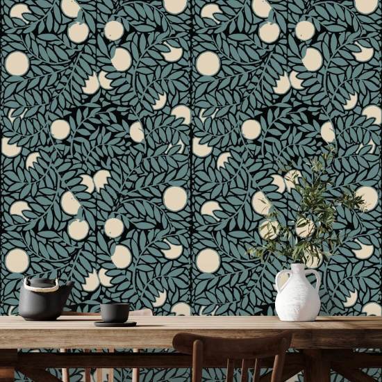 Orange Grove Blue Cream Floral Wallpaper