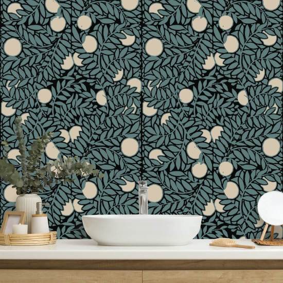 Aranceto Carta da parati floreale blu crema