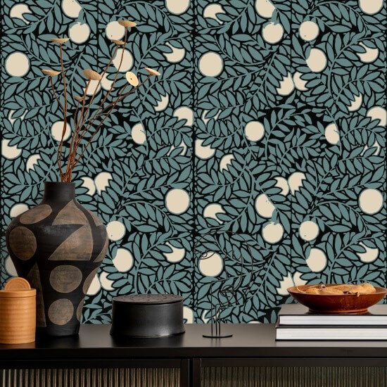 Orange Grove Blue Cream Floral Wallpaper