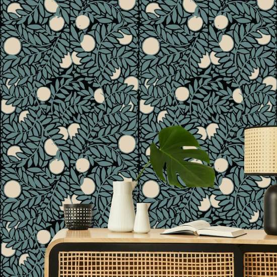 Orangenhain Blaue cremefarbene Blumentapete