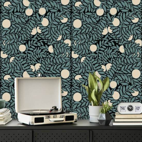 Huerto de naranjos Papel pintado floral azul crema