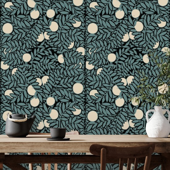 Orange Grove Blue Cream Floral Wallpaper