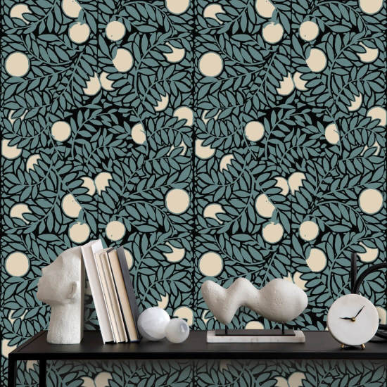 Huerto de naranjos Papel pintado floral azul crema